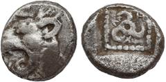 Greek Coins DYNASTS OF LYCIA. Trbbenimi. (Circa 390-375 BC). AR Obol. Limyra mint. Obv: Head of roaring lion left; T above. Rev: Triskeles; Zemuri (=Limyra) around; all within incuse square. Unpublish