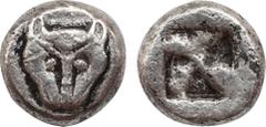 Greek Coins CIMMERIAN BOSPOROS. Pantikapaion. Diobol (Circa 480-438/7 BC). Obv: Facing head of panther or lion. Rev: Quadripartite incuse square. MacDonald 1/5 corr. (triobol); HGC 7, 31 (as half sigl