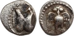 Greek Coins PISIDIA, Selge(?). (Circa 400-350 BC). AR Obol. Obv: Astragalos; small club at side. Rev: Facing owl with out-spread wings. SNG France -; SNG Copenhagen -; SNG von Aulock -; CNG 64-304 . E