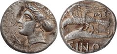 Greek Coins PAPHLAGONIA. Sinope. ( Circa 330-300 BC).Drachm . Posi-, magistrate. Obv: Head of nymph Sinope left, wearing triple-pendant earring, necklace and sakkos; aphlaston before. Rev: ΣΙΝΩ below 