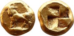 Greek Coins MYSIA. Kyzikos. EL 1/24 Stater (Circa 500-450 BC). Obv: Bull kneeling left on tunny left. Rev: Quadripartite incuse square. Cf. Nomisma VII 89 (stater, hekte & 1/12 stater); SNG BN -; Bost
