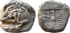 Greek Coins CARIA. Uncertain mint. AR Stater. (Circa 500 BC). Obv: Forepart of lion with open jaws standing left before sunburst; in front, forepart of boar with legs extended left. Rev: Incuse square