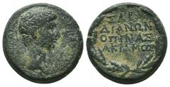Roman Provincial LYDIA. Sardeis . Tiberius (14-37 AD). Ae. Opinas Akiamos, magistrat. Obv: KAIΣAΡ [ΣEBAΣTOY] YIO-Σ, bare head right. Rev: ΣAΡ-ΔIANΩN OΠINAΣ AKIAMOΣ in four lines within oak wreath. RPC