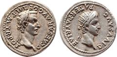Roman İmperial Caligula, with Divus Augustus (AD 37-41). Denarius. Lugdunum, AD 40. Obv: C CAESAR AVG GERM PON M TR POT III COS III. Laureate head of Caligula right. Rev: DIVVS AVG PATER PATRIAE. Radi