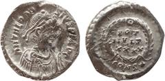 Byzantine Coins THEODOSIUS I (379-395). Siliqua. Constantinople. Obv: DN THEODOSIVS PF AVG. Diademed, draped and cuirassed bust right. Rev: VOT MVLT XXXX / CONS *. Legend in three lines in wreath. RIC