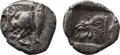 GREEK COINS Kyzikos AR Diobol, c. 480 BC Mysia, Kyzikos. AR Diobol (10,7 mm, 1.25 g), c. 480 BC. Obv. Forepart of boar to left, tunny behind. Rev. Head of lion to left. SNG France 376; Von Fritze, Nom