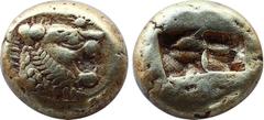 GREEK COINS Greek Kingdom of Lydia, Alyattes EL Trite - 1/3 Stater. Sardes, circa 610-546 BC. Head of roaring lion to right, sunburst with five rays on forehead / Two incuse square punches. GRPC Lydia