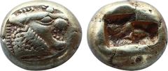 GREEK COINS Greek Kingdom of Lydia, Alyattes EL Trite - 1/3 Stater. Sardes, circa 610-546 BC. Head of roaring lion to right, sunburst with five rays on forehead / Two incuse square punches. GRPC Lydia