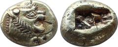GREEK COINS Greek Kingdom of Lydia, Alyattes EL Trite - 1/3 Stater. Sardes, circa 610-546 BC. Head of roaring lion to right, sunburst with five rays on forehead / Two incuse square punches. GRPC Lydia