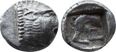 GREEK COINS Greek CARIA, Uncertain. 5th century BC. AR Diobol(?) (9,9mm, 1.26 g, 12h). Head of lion right / Hind quarter of lion right within incuse square. Rosen 736 (Lycia?); Nomos Obolos 13, lot 47