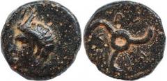 GREEK COINS DYNASTS OF LYCIA. Perikles (Circa 380-360 BC). Ae. Obv: Horned head of Pan left . Rev: Triskeles. SNG von Aulock 4257-8. Condition: Very fine. Weight: 2.26 g. Diameter: 13 mm.