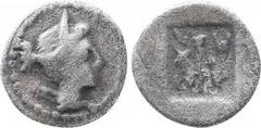 GREEK COINS Lycia. Masicytus. 1/4 Drachm (48-27 BC). Obv: Bust of Artemis right, quiver over shoulder. Rev: ΛΥ - MA. Quiver in incuse square; branch in left field. Troxell, LL 130-4; RPC 3306b. Condit