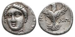 Greek Coins Greek PAPHLAGONIA. Sinope. AR Trihemiobol. Circa 330-300 BC. Obv: Head of nymph Sinope three-quarters facing, turned slightly to left. Rev: Eagle standing facing with wings spread, head le