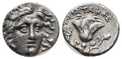 Greek Greek Coins ISLANDS off CARIA, Rhodos. Rhodes. Circa 205-190 BC. AR Drachm Reduced standard. Aristakos, magistrate. Head of Helios facing slightly right / Rose with bud to right; APIΣTAKO[Σ] abo