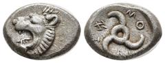 Greek Greek Coins DYNASTS OF LYCIA. Trbbenimi. (Circa 390-375 BC). AR Limyra mint. Obv: Head of roaring lion left; T above. Rev: Triskeles; Zemuri (=Limyra) around; all within incuse square. Weight: 3