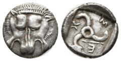 Greek Greek Coins Dynasts of Lycia. . Mithrapata 390-370 BC. 1/6 Stater AR Facing scalp of lion / ME-XP-A (in Lycian); triskeles, in left field dolphin; all within incuse square. Weight: 1.5 Diameter 