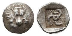 Greek Greek Coins Dynasts of Lycia. . Mithrapata 390-370 BC. 1/6 Stater AR Facing scalp of lion / ME-XP-A (in Lycian); triskeles, in left field dolphin; all within incuse square. Weight: 0.3 Diameter 