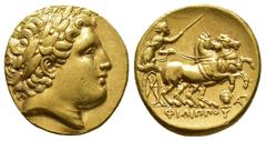 Greek Coins Greek Coins KINGS of MACEDON.Philip II 359-336 BC Lampsakos.Struck under Philip III Arrhidaios, 323-317 BC Stater AV Laureate head of Apollo right / ΦIΛIΠΠOY in exergue, charioteer, holdin