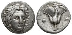 Greek Coins Greek Coins ISLANDS off CARIA, Rhodos. Rhodes . Circa 305-275 BC. AR Didrachm Head of Helios facing slightly right / Rose with bud to right; to left, jug above [EY]. Weight : 6.48 Diameter