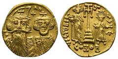 Byzantine Byzantine Constans II. AD 641-668. Byzantine Solidus AV dN CONSƮANVS, facing busts of Constans, on left with long beard, plumed helmet and chlamys, and Constantine IV, beardless, wearing cro