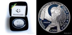 11/ Sudamerica Brasil. 4 Reais 1994. Ensayo / Prova / Pattern. Tetra Campeón Mundial de Futbol. AG.925; 40mm; 27g. KMPr30. En estuche oficial con certificado (PROOF)