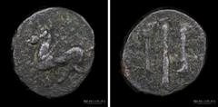 01/ Ancient - Grecia Corinto, Corintia. 1/2 Unidad bronce 335-306AC. 12.0mm; 1.87g. A: Pegaso a izquierda. R: Tridente ornamentado. SNG Cop 190