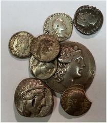 ROMAN COINS ROMAN EMPIRE LOT Lot. Very interesting collection of 230 bronze and 80 silver ancient coins, mostly from the Greek and Roman periods. This lot includes a denar of Caesar (elephant), a dena