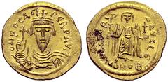 BYZANTINE EMPIRE BYZANTINE EMPIRE Phocas, 602-610. AV Solidus 607-609, Constantinople, 5th officina . Obv. DN FOCAS PERP AVG. Bust facing, bearded, wearing cuirass, paludamentum, and crown with pendil
