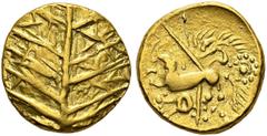 CELTIC. Gaul. Caleti. Gold stater, ca. 80-50 BC. Obv. Random pattern of lines. Rev. Horse springing to left; below, rosette. A charioteer on a horse. LT 8694; DT 92; Scheers 77. Gold. 7.86 g. VF This 