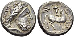 CELTIC. Paeonia. Celts of Paeonia. Celtic imitation, tetradrachm of Philip II, 2nd cent. BC. Obv. Laureate head of Zeus right. Rev. ΛΙΠΥ-ΑΣ. Horseman to right, wearing helmet. Behind a bird and triske