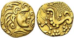 CELTIC. Gaul. Parisii. Gold stater, ca. 100-50 BC. Class 2. Obv. Stylized head of Apollo right. Rev. Stylized horse galloping left, ornate wing above, rosette below. BN 7782; Blanchet 343; CdB p. 8-9,
