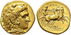 GREECE. Calabria. Tarentum. Time of Pyrrhus of Epirus, circa 276-272 BC. Gold stater, 276-272 BC. Obv. Head of Herakles right, with lion's skin headdress. Rev. NIKAP - TAPANTINON. Young man driving a 