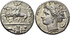 GREECE. Sicily. Sicily. Syracuse. Silver decadrachm, 400 BC. Obv. Fast quadriga driven left by charioteer, holding reins and kentron; in field above, Nike flying right to crown him. In exergue, displa
