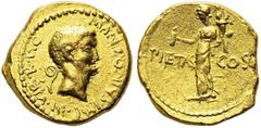 ROMAN REPUBLIC. Marcus Antonius triumvir, 43-33 BC. Aureus, 41 BC, mint moving with Marcus Antonius. Obv. M ANTONIVS IMP III VIR R P C. Bare head right, lituus behind. Rev. PIETAS - COS. Pietas standi