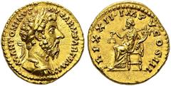 ROMAN EMPIRE. Marcus Aurelius, 161-180. Aureus, 168, Roma. Obv. M ANTONINVS AVG ARM PARTH MAX. Laureate and cuirassed bust right. Rev. TR P XXII IMP V COS III. Aequitas seated left with scales and cor