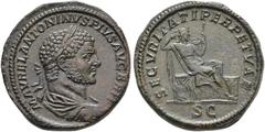 ROMAN EMPIRE. Caracalla, 211-217. Sestertius, 210-213, Roma. Obv. M AVREL ANTONINVS PIVS AVG BRIT. Laureate, draped and cuirassed bust right. Rev. SECVRITATI PERPETVAE - S C. Securitas seated right, h