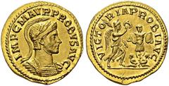 ROMAN EMPIRE. Probus, 276-282. Aureus, 281, Lugdunum. Obv. IMP C M AVR PROBVS AVG. Bust cuirassed right seen from front, wearing laureate helmet with long crest. Rev. VICTORIA PROBI AVG Victory holdin