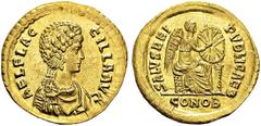ROMAN EMPIRE. Aelia Flaccilla, 379-386/8. Solidus, 383-386, Constantinopolis. Obv. AEL FLAC-CILLA AVG. Draped bust right, with elaborate headdress, necklace and mantle. Rev. SALVS REI-PVBLICAE B. In e