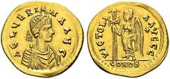 ROMAN EMPIRE. Aelia Verina, 457-474. Wife of Leo I. Solidus 471-473, Constantinopolis. Obv. AEL VERI-NA AVG. Pearl-diademed and draped bust right. Rev. VICTORI-A AVGGG - CONOB. Victoria standing left 