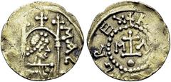 FRANCE. Mérovingiens. FRANCE. Mérovingiens. Childéric II, 663-675. Solidus MA, Marseille. Av. MAS[SILIA]. Buste à droite sous un dais. Rv. + H[ILΔERICΠ]S REX. Croix à un degré sur un globe accostée de