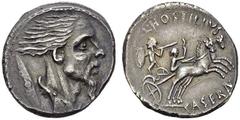 ROMAN REPUBLIC L. Hostilius Saserna. Denarius 48 BC, Rome. Obv. Head of Gallic captive right. Rev. L HOSTILIVS. Biga driven to right. RRC 448/2a; Syd. 952; BMC 3994. AR. 3.97 g. XF-AU Ce denier républ