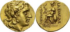 ANCIENT GREECE. Ancient. Kingdom of Thrace. Lysimachus, 323-281. Gold Stater 150-120 BC, Byzantion. Obv. Head of Alexander the Great right, with Ammon's horn. Rev. ΒΑΣΙΛΕΩΣ / ΛΥΣΙΜΑΧΟΥ. Athena sitting