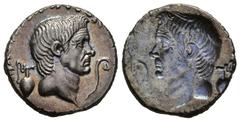 ROMAN REPUBLIC. Sextus Pompeius. Denarius 37-36 BC, Sicily. Obverse brockage error. Obv. MAG PIVS IMP ITER. Bare head of Pompey the Great right, capis to the left, lituus to the right. Rev. Incuse hea
