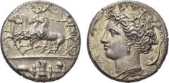 GREECE. Sicily. Syracuse. Dionysios I, 405-367 BC. Silver Decadrachm, 400 BC. Obv. Fast quadriga driven left by charioteer, holding reins and kentron; in field above, Nike flying right to crown him. I