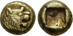 GREECE. Lydia. Kings of Lydia. Time of Alyattes and Kroisos, 620 - 539 BC. Hemihekte or 1/12 Stater, Sardes. Lydo-Milesian standard. Obv. Head of roaring lion right, "sun" with no rays on forehead. Re