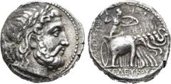 GREECE. Seleucid kingdom. Seleukos I Nikator, 312-281. Tetradrachm 296-281 BC, Seleukeia on the Tigris II. Obv. Laureate head of Zeus right. Rev. BAΣIΛEΩΣ ΣEΛEYKOY. Athena, brandishing spear and shiel