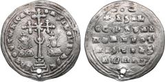 Byzantine Byzantine Empire, Constantinople AR Miliaresion - Basil II Bulgaroktonos (AD 976-1025), with Constantine VIII 2.90g. 26mm. With a hole. F/VF. Obv. Ornamented cross set on four steps; to left