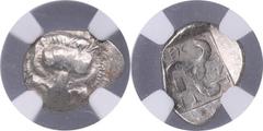 Ancient coins Dynasts of Lycia (Uncertain mint) AR 1/6 Stater ND – Mithrapata (c. 390-360 BC) – NGC F Obv.: Facing lion's scalp. Rev.: Triskeles; astragalos in one section; dynast's name (in Lycian) a