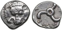 Ancient coins Dynasts of Lycia (Wedrei), AR 1/3 Stater ND – Trbbenimi (c. 390-375 BC) 2.63g. 15mm. UNC/AU.Obv.: Facing lion's scalp. Rev.: Triskeles; dynast's name (in Lycian) around. SNG von Aulock 4