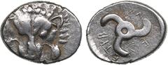 Ancient coins Dynasts of Lycia (Wedrei), AR 1/3 Stater ND – Trbbenimi (c. 390-375 BC) 2.69g. 17mm. AU/AU.Obv.: Facing lion's scalp. Rev.: Triskeles; dynast's name (in Lycian) around. SNG von Aulock 42
